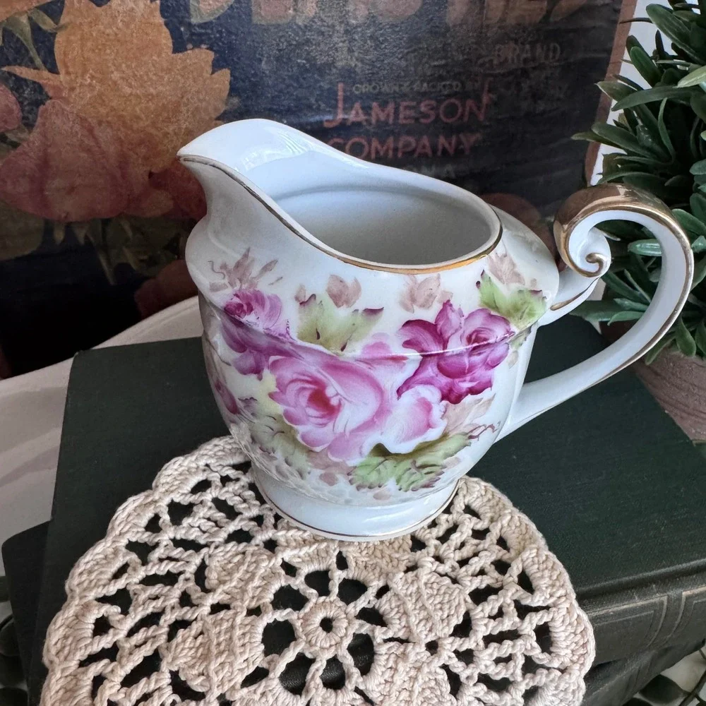 Vintage Made in Occupied Japan Hand Painted Rose Porcelain Creamer Gold Trim